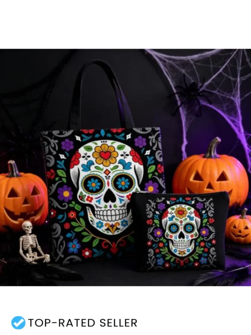 2Pc Canvas Tote & Cosmetic Bag Set Skull Flower Goth Halloween Accessories